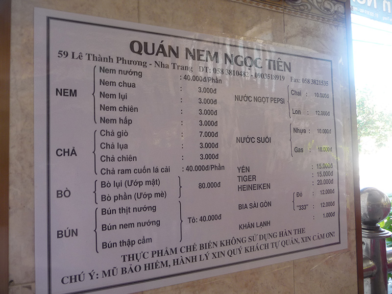 Bảng giá tại quán