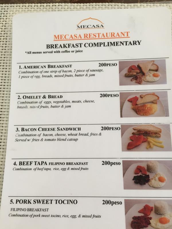 Bảng menu đồ ăn sáng tại Mecasa