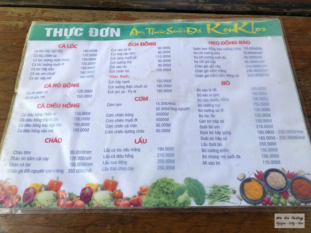Menu quán Suối Đá Kon Klor