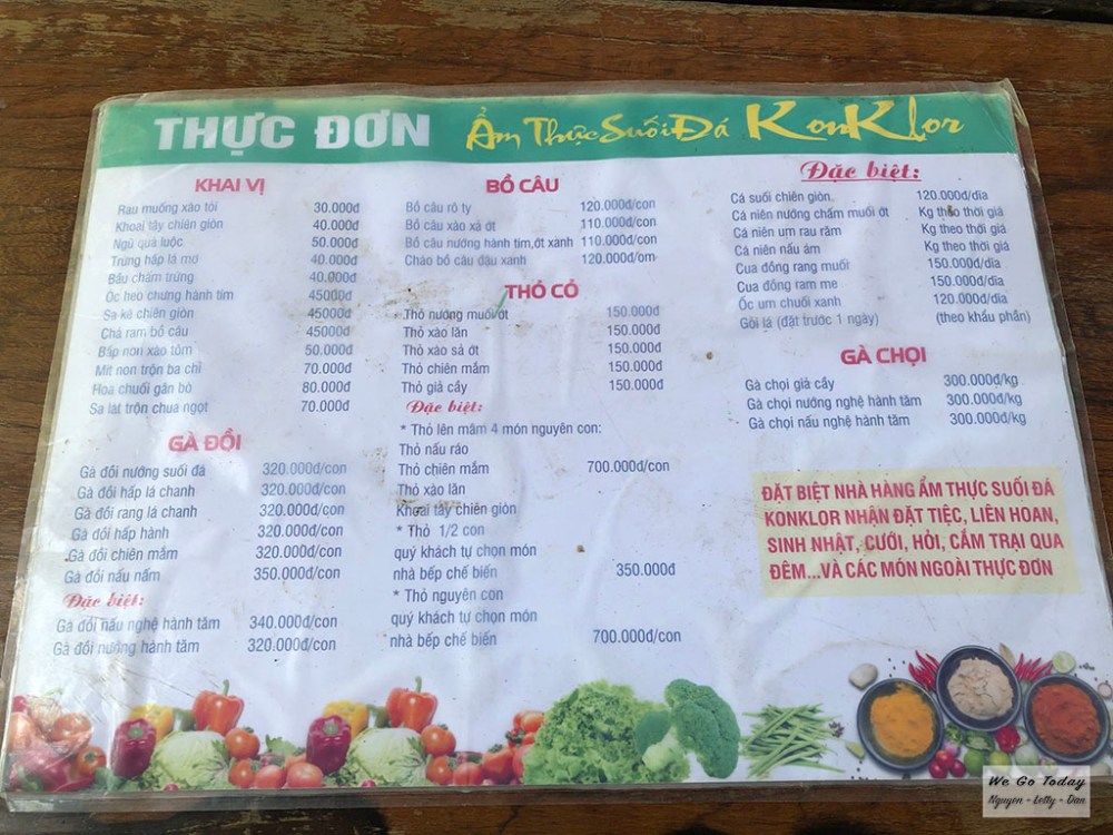 Menu quán Suối Đá Kon Klor